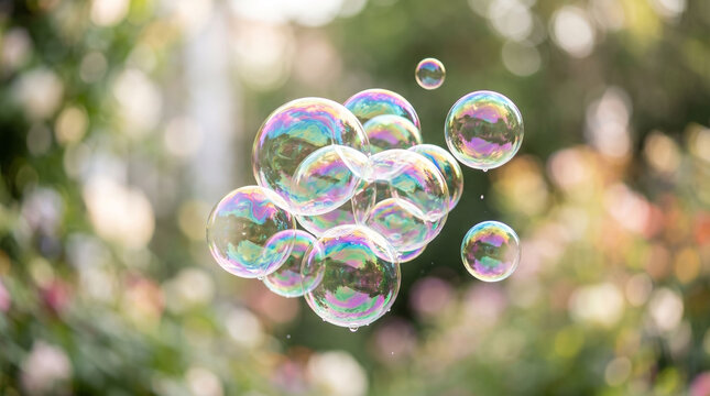 Colorful soap bubbles floating in a sunlit summer garden