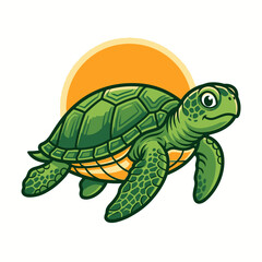 Fototapeta premium Detailed sea turtle illustration swimming under golden sun.