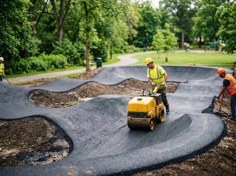 Worker Paving Asphalt Pump Track in Park