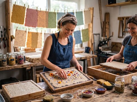 Artisans making handmade floral paper in studio