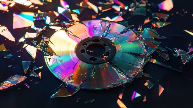 Broken compact disc on black background. Shattered optical media with iridescent reflections.