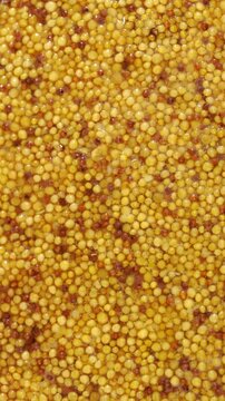 French Dijon mustard in a metal spoon, top view on mustard grains background. Gastronomy concept, organic food. Sauce. Slow rotation in a circle.	

