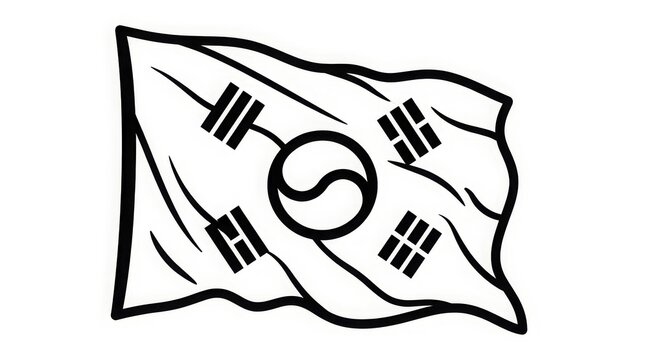 National Symbol - South Korea Taegukgi Flag Black and White Line Art Illustration Waving on White Background