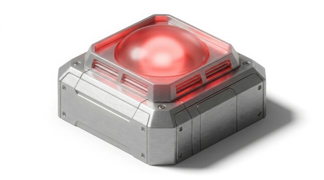Technology - Futuristic Industrial Metal Button with Glowing Red Dome Light Sci Fi Alert Device Isometric View