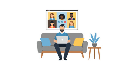 Fototapeta premium Remote Work Concept Illustration of Man on Sofa Participating in Video Conference with Diverse Team on Laptop