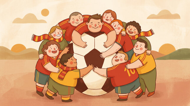 Happy Spain Fans Embracing Together Around a Football in a Warm Cartoon Illustration