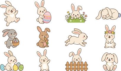 Cute Easter Bunny and Kawaii Rabbit Character Vector Icon Set Featuring Bunnies with Decorated Eggs Flower Garlands Fences Running Jumping and Sleeping Poses