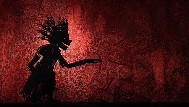 Wayang puppet silhouette casts a dramatic shadow against a textured red background with intricate traditional patterns.
