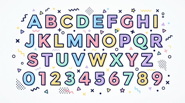 ​A colorful and playful set of English alphabet letters (A&ndash;Z) and numbers (0&ndash;9) designed in a cute pastel font with bold outlines. 
