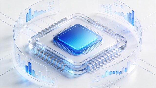 Advanced artificial intelligence processor with transparent analytics dashboard interface, idea for next generation AI computing presentation background