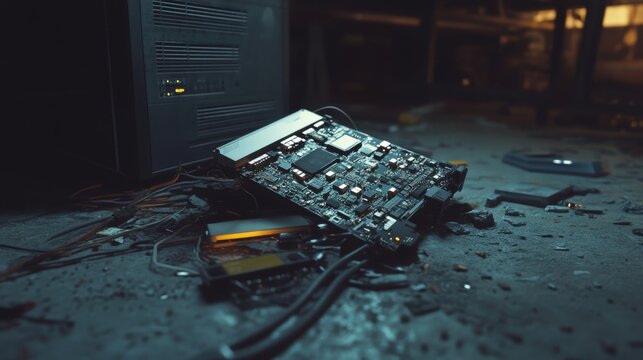 Dismantled desktop computer components. Broken PC motherboard and hardware parts on floor.