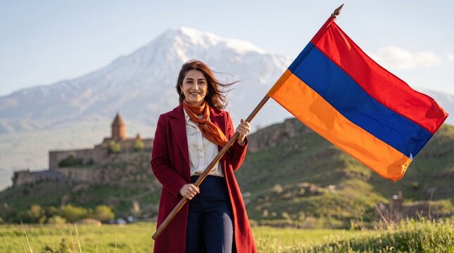 A smiling woman in a red coat stands in a grassy field holding the armenian flag, with the khor virap monastery and mount ararat in the background, under a clear, blue sky