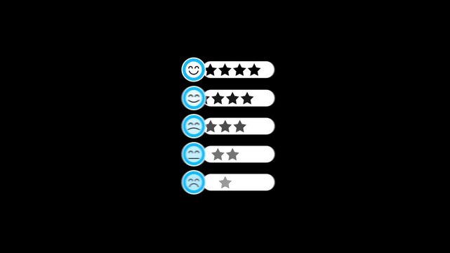 Rating system with smiley faces and star ratings animation on black background.