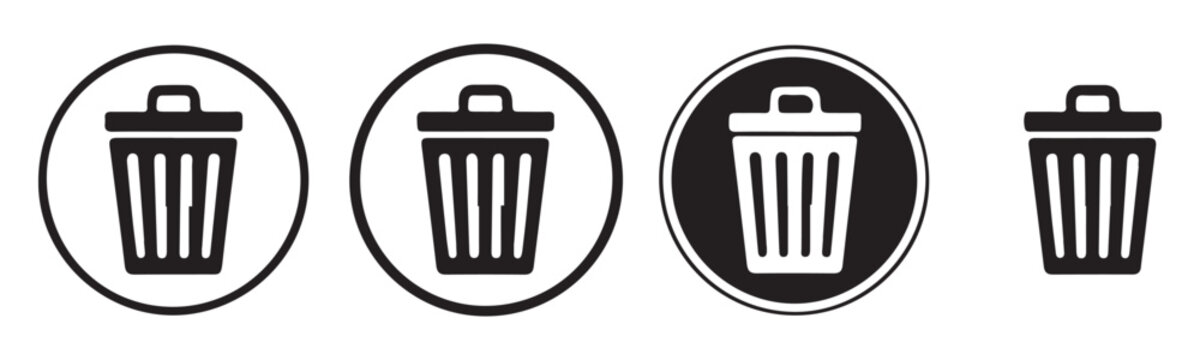 Circular trash can icons for user interface design featuring basket style bins with closed lids and frames.
