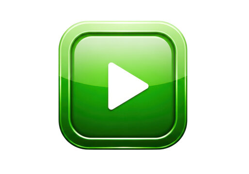 Green square play button with rounded corners and glossy effect, icon for video or audio playback and streaming services isolated on transparent background.