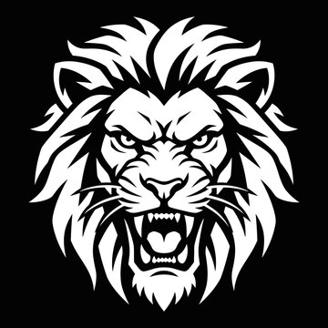 Ferocious roaring lion head monochrome mascot logo design.
