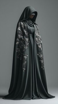 Person wearing a dark hooded cloak with embroidered floral patterns and a long flowing dress