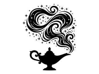 Black silhouette of a magic lamp with swirling smoke and glowing stars isolated on a white background © Suhendra