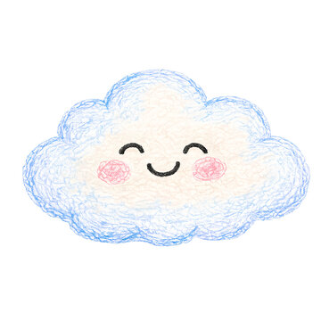 A cute hand-drawn illustration of a smiling cloud with rosy cheeks is centered on a white.