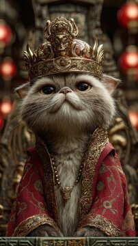 Regal ragdoll cat wearing an ornate golden crown and a red robe with gold trim, looking noble