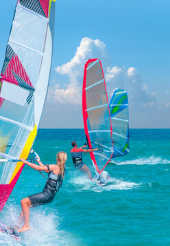 Windsurfer Surfing The Wind On Waves In Cesme bay, Izmir, Turkey