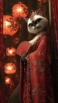 Siamese cat dressed as a traditional chinese noblewoman holding a fan, with lanterns in the