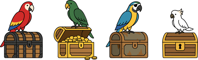 Cute Pirate Parrot Cartoon Vector Set Perched on Wooden Treasure Chests Filled with Golden Coins for Adventure Designs © Mst
