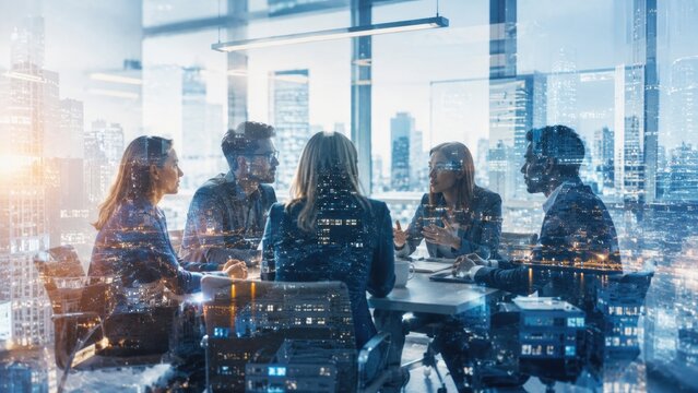 Double exposure of diverse business team having meeting around table in conference office room and modern night cityscape background with glowing lights