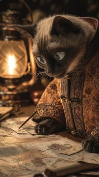 Siamese cat dressed in ornate robes studies a map by lantern light, holding a quill pen