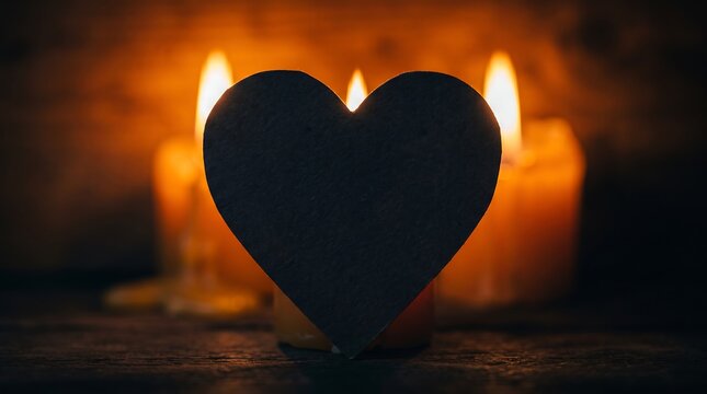 Romantic love heart shadow on wooden table with candles. Intimate silhouette of affection symbolized by warm glowing flame light.
