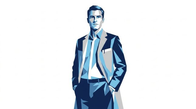 Business - European Businessman in Dark Blue Suit Standing Confident with Hands in Pockets Vector Illustration