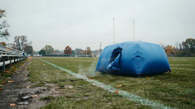 Blue inflatable air dome tent on football field sidelines during daytime