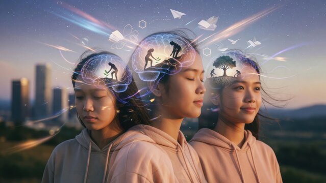 Conceptual psychology portrait of young woman showing mental growth stages with glowing brain holograms, planting trees, and learning metaphors positive thinking