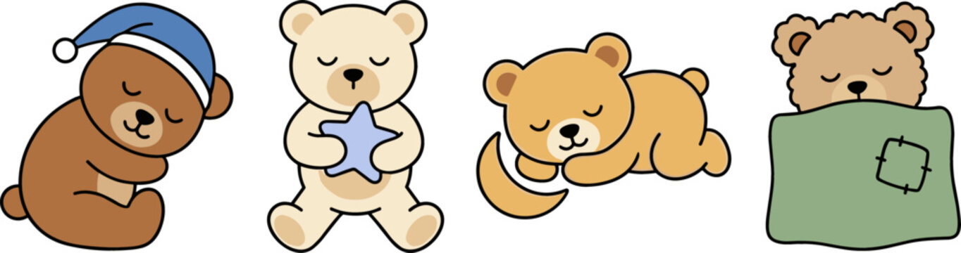 Cute Sleeping Teddy Bear Cartoon Character Vector Set with Nightcap Blanket Star and Moon for Nursery Designs
