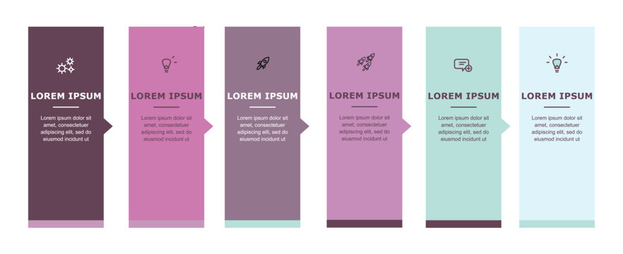 Six step vertical banner workflow infographic timeline showing colored blocks linked by side arrows for sequential business tutorial presentation steps