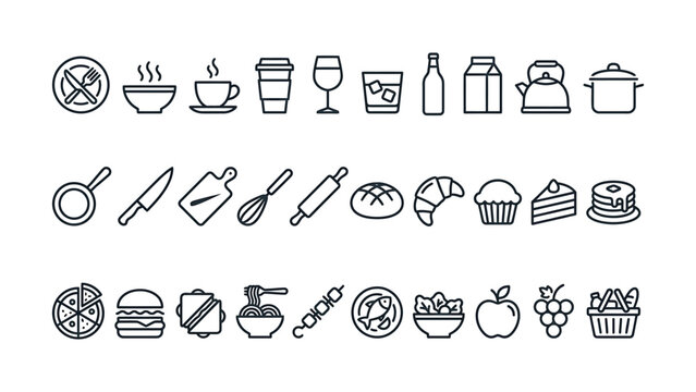 Modern minimal line art vector icons set featuring various food drink and kitchen cooking tools symbols