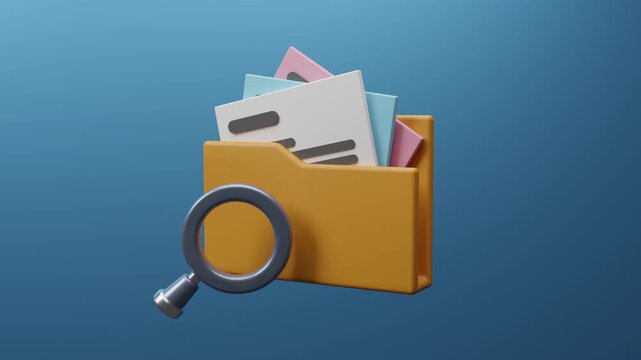 3D animation of digital file folders with a magnifying glass and checkmark symbol completion,approval and success in business. Document management system with data protection cloud Security technology