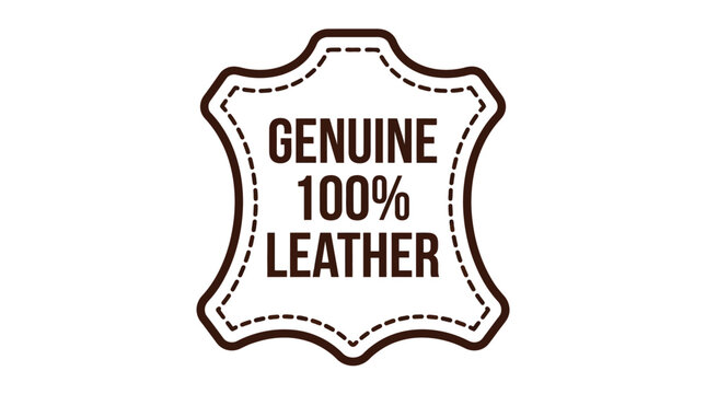 Minimalist vector illustration of a genuine leather stamp featuring bold brown typography and stitched edges