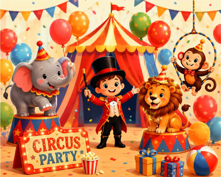 Cute Circus Party Clipart Set with Ringmaster Boy, Elephant, Lion, Monkey, Balloons and Carnival Tent | Kids Birthday Illustration.