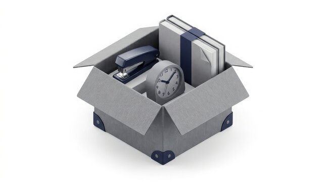 Office Relocation - Open Cardboard Box Packed with Office Supplies Stapler Clock Books on White Background
