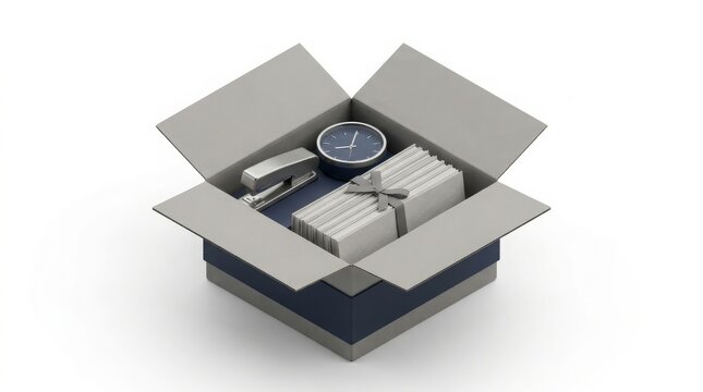 Office Relocation - Open Cardboard Box Packed with Stapler Clock and Bundled Documents on White Background