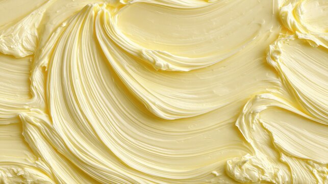 Close up texture of smooth swirled yellow butter or creamy margarine spread