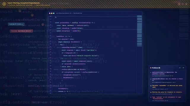 Close up of computer screen displaying complex software source code in a dark integrated development environment