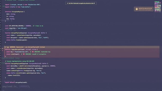 Close up of computer screen showing complex software code and programming in a dark mode editor