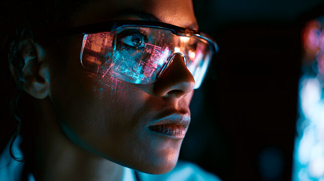 Focused woman cybersecurity analyst monitoring system matrix interface in dark office