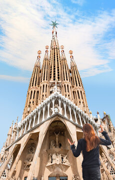Barcelona, Spain - April 30 2024: Famous Sagrada Familia Basilica, Catalan architect Antoni Gaudi - Barcelona, Spain