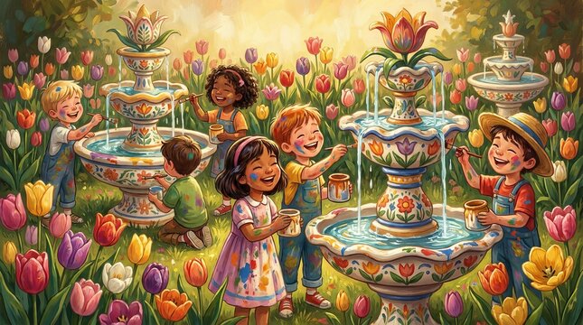 Happy children painting colorful fountains in a vibrant tulip garden scene