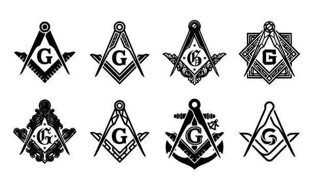 Masonic Square and Compasses with Letter G Black Vector Symbol Set