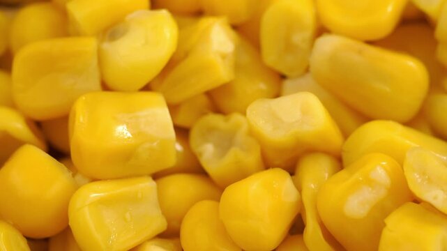 Sweet corn kernels. Sweet yellow canned corn. Fresh corn kernels. Slowly rotating in a circle	
