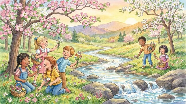 Happy children playing and picking flowers in a beautiful springtime nature landscape